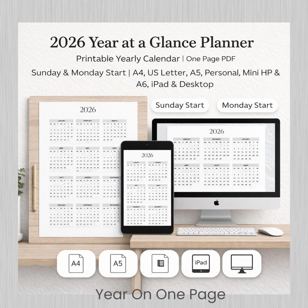2026 Year at a Glance Planner | One Page Printable Calendar PDF ...