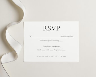 Biglietto RSVP per matrimonio minimalista / Bianco e nero / Modello modificabile / Corjl / Biglietto di risposta 6x4