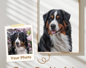 Peut inclure: Un portrait encadré d'un bouvier bernois avec un pelage noir, blanc et marron. À côté, une photo de style polaroid du même chien. Le texte "Your Photo" et "From Real to Art" sont également visibles.