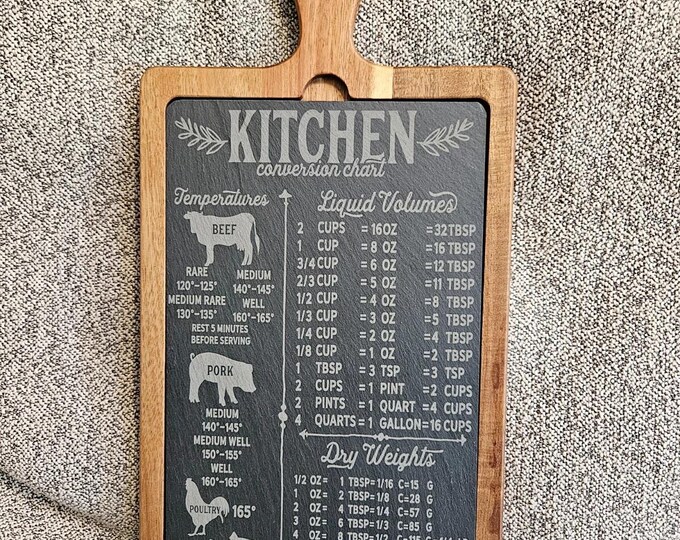 Featured listing image: Slate Engraved Kitchen Conversion Chart Acacia Wood And Slate. May Be Used As Hanging Décor Or As A Cutting Board