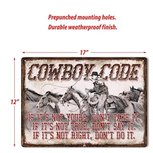 Cowboy Code Tin Sign, Western Bar Home Decor, 12x17 Inch