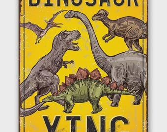 Letrero metálico rústico / Cruce de dinosaurios