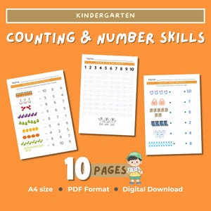 Op de afbeelding: Educatieve digitale download voor de kleuterschool met werkbladen voor tellen en getalvaardigheden. Bevat het traceren van getallen, het tellen van objecten en bijpassende oefeningen. De werkbladen zijn A4-formaat en in PDF-formaat.