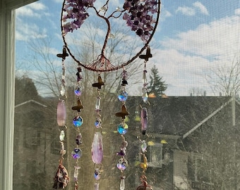 Amethyst Tree of Life Crystal Suncatcher – Handmade Natural Gemstone Wall Hanging-valentines day gift