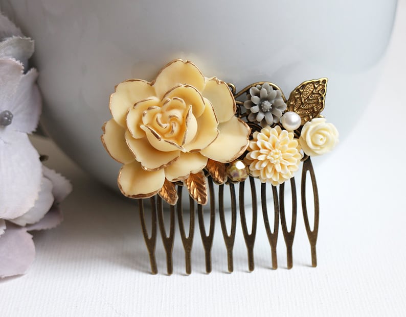 bridesmaid hair comb Gold Leaf and Pearl Hair Comb vintage style hair comb Grey Cream Gold Ivory Rose wedding hair accessory