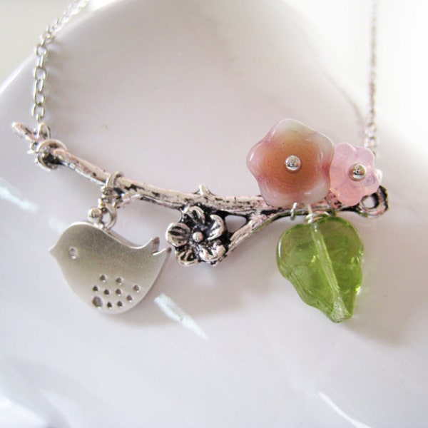 Plum Blossom Necklace. Flowers Branch and Sweet Sparrow in Antique Silver