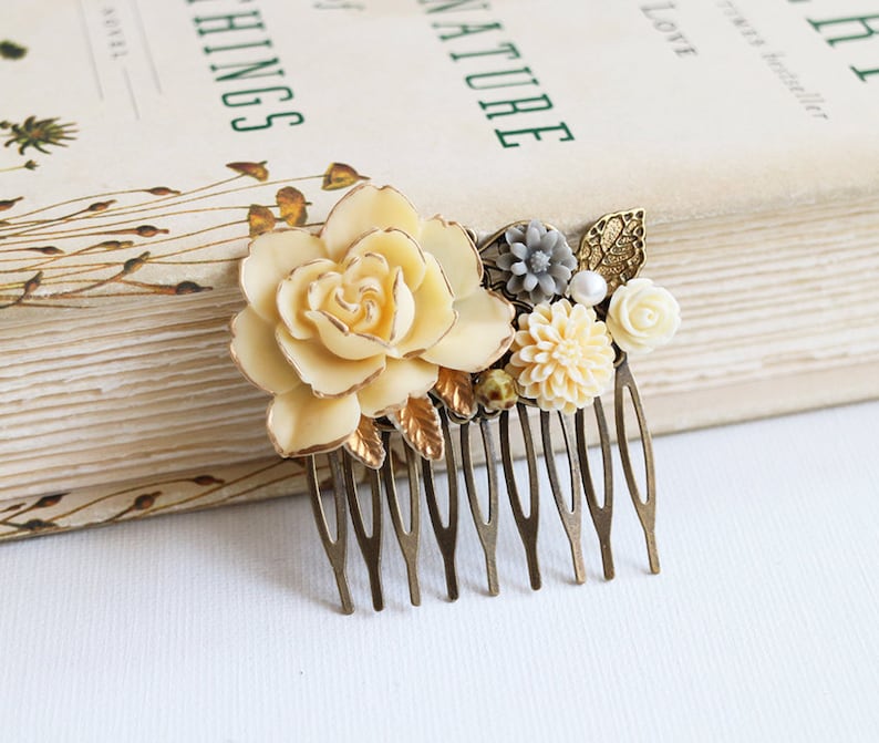 bridesmaid hair comb Gold Leaf and Pearl Hair Comb vintage style hair comb Grey Cream Gold Ivory Rose wedding hair accessory
