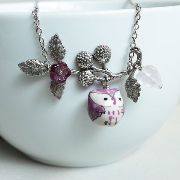 Purple Owl Necklace. purple porcelain owl and berry branch necklace.