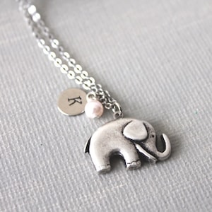 Personalized Initial Elephant Necklace. silver elephant necklace. elephant and pearl