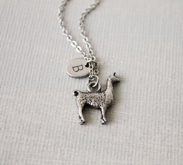 Llama Necklace. antique silver llama with personalized Initial charm