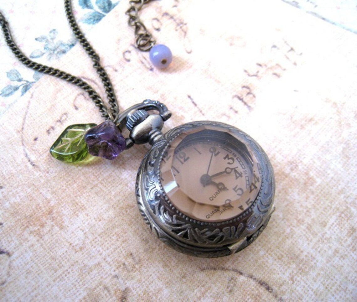 Vintage Style Mini Pocket Watch with Flower Necklace Etsy