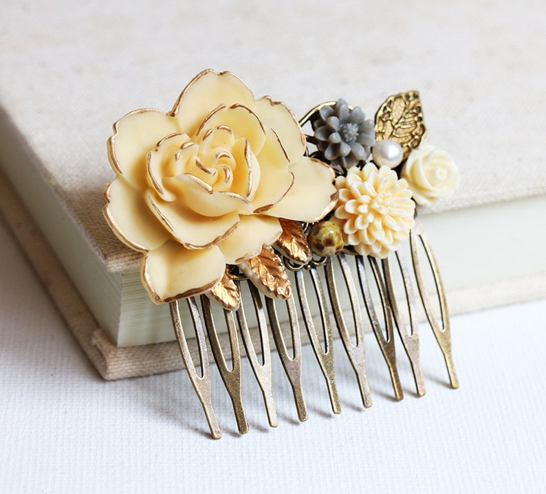 bridesmaid hair comb Gold Leaf and Pearl Hair Comb vintage style hair comb Grey Cream Gold Ivory Rose wedding hair accessory