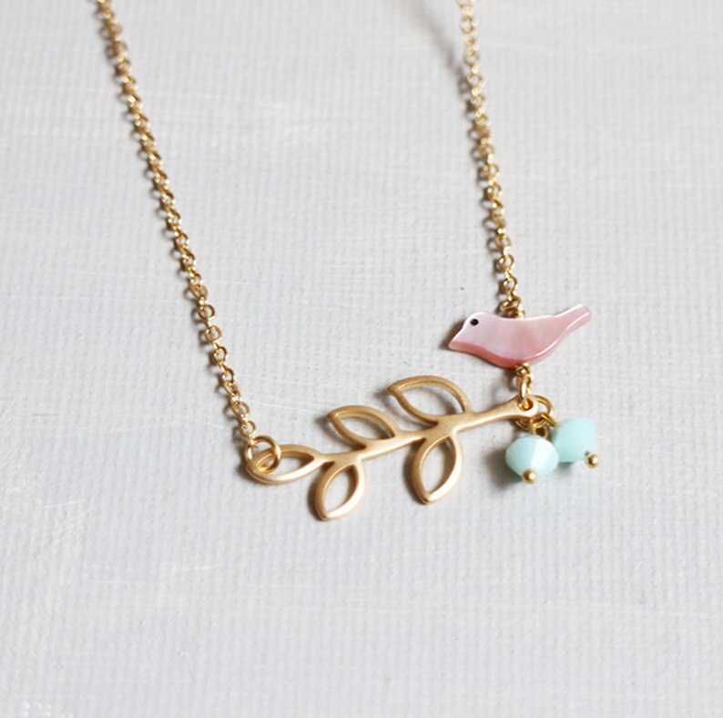 Perched Bird Necklace. Bird Perches on Leafy Branch. Gift for Etsy