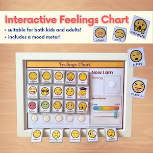 Puede incluir: Un gráfico interactivo de sentimientos colorido con un medidor de estado de ánimo. El gráfico presenta una variedad de emociones representadas por emojis, incluyendo feliz, triste, enojado, asustado y sorprendido. El gráfico está diseñado para ayudar a niños y adultos a identificar y expresar sus sentimientos.