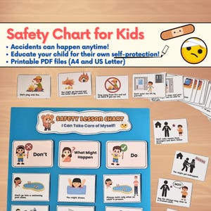 May include: A colorful safety chart for kids with illustrations and text. The chart includes safety tips for playing with fire, swimming, and interacting with strangers. The text includes the phrase "Safety Lesson Chart" and "I Can Take Care of Myself!"
