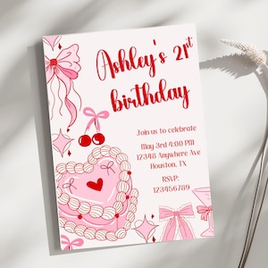 Personalized 21st Birthday Invitation: Coquette Pink Bows (Editable Canva Template)