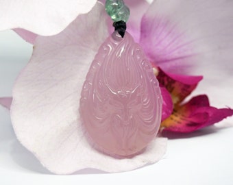 POWERFUL Pink Chalcedony Nine Tails Fox 九尾粉色玉髓 狐狸 (Japanese: kitsune) Pendant Amulet Necklace