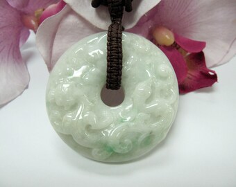 2 sided carved Jade Dragon Phoenix Donut “Lóng Feng Xian Rui Pingan Kou 龙凤献瑞平安扣&quot; Good Luck Charm Pendant Necklace