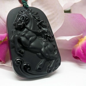 Carved Obsidian Monkey Riding on a Horse 马上封侯 Good Luck Charm Necklace