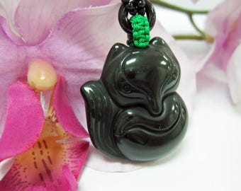 Green Obsidian Fox 黑曜石狐狸 (Japanese: kitsune) Amulet Necklace