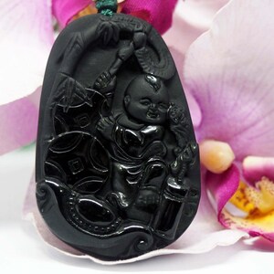 RARE Obsidian SHAN CAI Tong Zi (天然黑耀石善财童子) Good Luck Charm Necklace