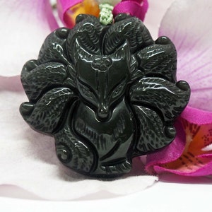 RARE Huge Nine Tails Green Obsidian Fox Pendant 黑曜石九尾狐吊坠 Amulet Pendant Necklace