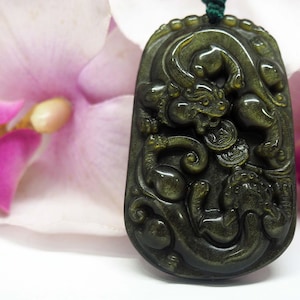 Golden Sheen Obsidian Carved Pixiu 金曜石双貔貅招财进宝吊坠 Good Luck Charm Necklace