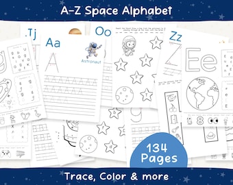 ABC Tschlagen Arbeitsblatt zum Ausdrucken, Weltraum Alphabet Übung für Kleinkinder, Kindergarten, Homeschool Brief, Handschriftübung A–Z