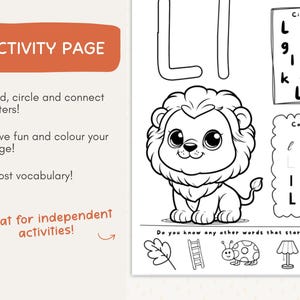 May include: Black and white activity page with the text "ACTIVITY PAGE". The page features a cartoon lion, letter tracing, and word association exercises. Includes the text "Find, circle and connect letters!" and "Boost vocabulary!"
