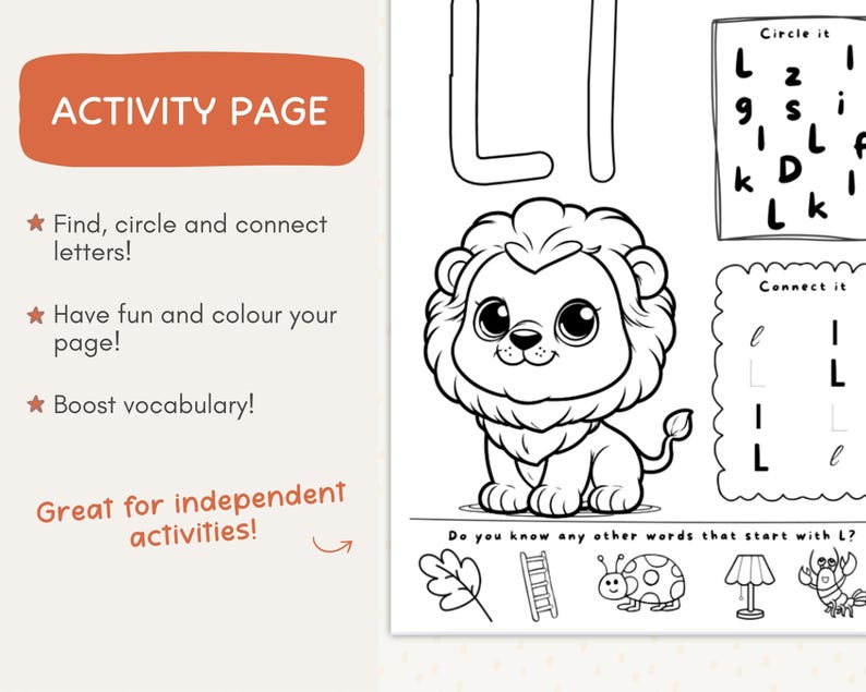 May include: Black and white activity page with the text "ACTIVITY PAGE". The page features a cartoon lion, letter tracing, and word association exercises. Includes the text "Find, circle and connect letters!" and "Boost vocabulary!"