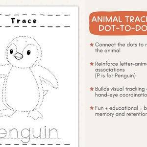 May include: A black and white penguin dot-to-dot tracing worksheet. The word "Trace" is above the penguin outline, and "Penguin" is written below. The worksheet also includes text that says "Animal Tracing Dot-to-Dot".