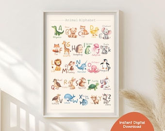 Kinder Alphabet Poster, Kleinkind ABC-Chart, Vorschul Wandkunst, druckbare Homeschool Dekor, Spielzimmer Alphabet, Pre-K Lernwerkzeug, druckbar