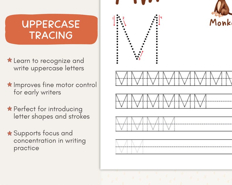 May include: A white worksheet with uppercase letter tracing exercises. The worksheet includes the letter "M" in dotted lines for tracing, along with lines for practice. The top left corner has a brown banner with the text "UPPERCASE TRACING".