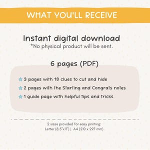 6 pages to download. 3 page with 18 clues to cut. 2 pages of letters. 1 guide page
