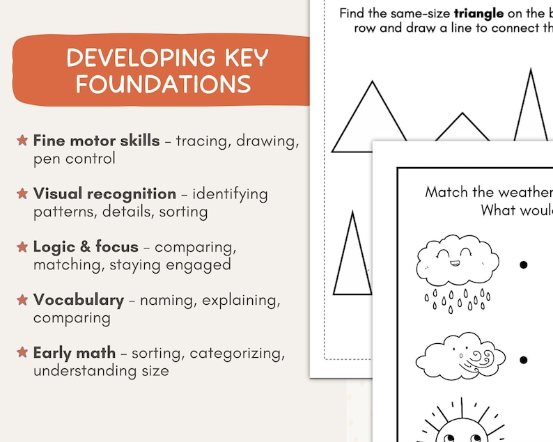 K&ouml;nnte beinhalten: Lehrreiche Aktivit&auml;tsseiten mit dem Text &bdquo;DEVELOPING KEY FOUNDATIONS&ldquo;. Die Seiten enthalten &Uuml;bungen f&uuml;r Feinmotorik, visuelle Erkennung, Logik, Wortschatz und fr&uuml;he Mathematik. Die Seiten zeigen Formen, Wetterillustrationen und Zuordnungsaktivit&auml;ten.