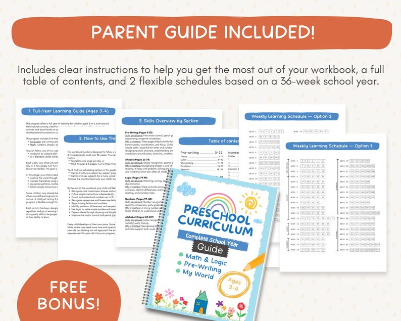 K&ouml;nnte beinhalten: Ein Vorschullehrplan mit dem Titel "Preschool Curriculum Complete School Year Guide" mit Mathematik & Logik, Vorschreiben und Meine Welt. Enth&auml;lt einen Elternratgeber, Anweisungen und einen kostenlosen Bonus. F&uuml;r Kinder im Alter von 3-4 Jahren.