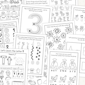 K&ouml;nnte beinhalten: Eine Sammlung von schwarz-wei&szlig;en Arbeitsbl&auml;ttern f&uuml;r Kinder. Die Arbeitsbl&auml;tter enthalten das Nachzeichnen von Buchstaben und Zahlen, Zuordnungsaktivit&auml;ten und Z&auml;hl&uuml;bungen. Die Seiten sollen Kindern helfen, grundlegende F&auml;higkeiten zu erlernen.