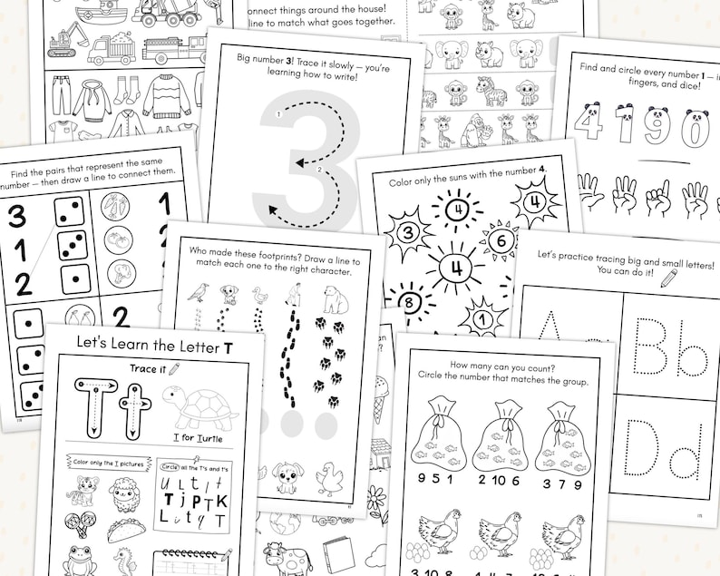 K&ouml;nnte beinhalten: Eine Sammlung von schwarz-wei&szlig;en Arbeitsbl&auml;ttern f&uuml;r Kinder. Die Arbeitsbl&auml;tter enthalten das Nachzeichnen von Buchstaben und Zahlen, Zuordnungsaktivit&auml;ten und Z&auml;hl&uuml;bungen. Die Seiten sollen Kindern helfen, grundlegende F&auml;higkeiten zu erlernen.