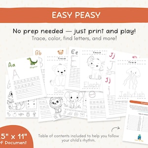 May include: A collection of printable worksheets for children, featuring tracing, coloring, and letter recognition activities. The worksheets include illustrations of an alligator, bear, elephant, and jellyfish. The text on the image reads "EASY PEASY" and "No prep needed - just print and play!"