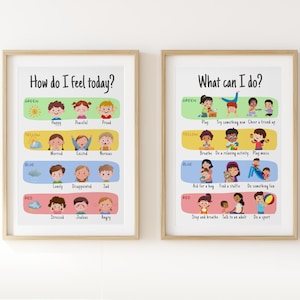 Cuadro de emociones imprimible para niños, póster de sentimientos, herramienta de regulación emocional, rincón de la calma, arte mural preescolar, decoración preescolar (juego de 2)