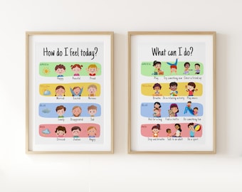 Emotionen Chart für Kinder druckbar, Gefühle Poster, Emotionsregulierung Werkzeug, Beruhigungsecke, Vorschul Wandkunst, Pre-K Dekor, 2er-Set