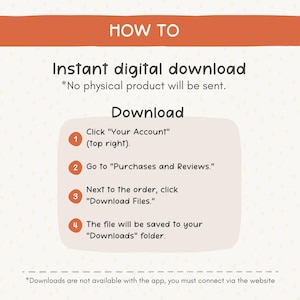 K&ouml;nnte beinhalten: Ein orangefarbenes Banner mit den Worten &bdquo;HOW TO&ldquo; oben. Darunter steht der Text &bdquo;Sofortiger digitaler Download&ldquo; und Anweisungen zum Herunterladen einer digitalen Datei. Die Schritte sind nummeriert und enthalten S&auml;tze wie &bdquo;Ihr Konto&ldquo; und &bdquo;Dateien herunterladen&ldquo;.