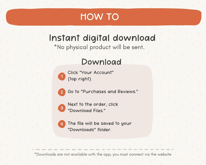 K&ouml;nnte beinhalten: Ein orangefarbenes Banner mit den Worten &bdquo;HOW TO&ldquo; oben. Darunter steht der Text &bdquo;Sofortiger digitaler Download&ldquo; und Anweisungen zum Herunterladen einer digitalen Datei. Die Schritte sind nummeriert und enthalten S&auml;tze wie &bdquo;Ihr Konto&ldquo; und &bdquo;Dateien herunterladen&ldquo;.