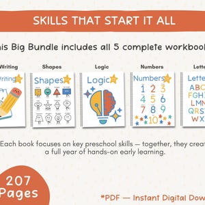 K&ouml;nnte beinhalten: Ein Set aus f&uuml;nf Vorschul-Arbeitsheften mit Titeln wie 'Vorschreiben', 'Formen' und 'Buchstaben'. Die Hefte sind wei&szlig; mit farbigen Illustrationen und Text. Das Bild enth&auml;lt den Text 'SKILLS THAT START IT ALL' und '207 Seiten'.