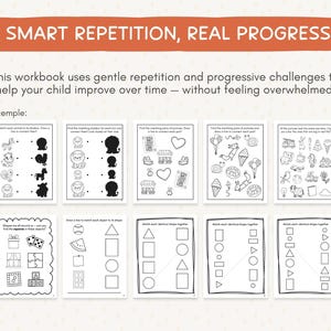 K&ouml;nnte beinhalten: Ein Arbeitsbuch f&uuml;r Kinder mit dem Text "SMART REPETITION, REAL PROGRESS" und "Exemple:". Es enth&auml;lt Schwarz-Wei&szlig;-Illustrationen. Die Seiten bieten Zuordnungs&uuml;bungen mit Formen, Schatten und Objekten, die zum Lernen dienen.