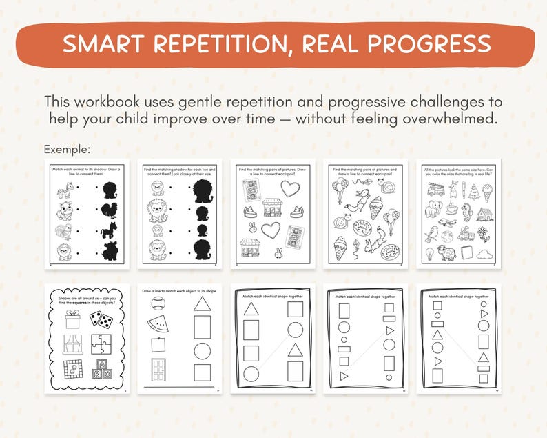 K&ouml;nnte beinhalten: Ein Arbeitsbuch f&uuml;r Kinder mit dem Text "SMART REPETITION, REAL PROGRESS" und "Exemple:". Es enth&auml;lt Schwarz-Wei&szlig;-Illustrationen. Die Seiten bieten Zuordnungs&uuml;bungen mit Formen, Schatten und Objekten, die zum Lernen dienen.