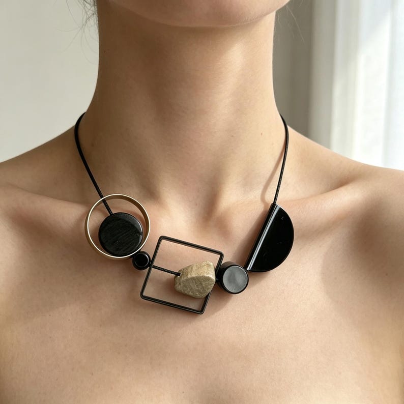 May include: A necklace featuring a black cord strung with geometric elements including a gold-toned circle, a black square frame, a black semi-circle, and several black circular beads, accented by a single textured, light-colored stone bead.