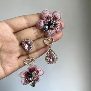 Handmade Pink Flower Earrings, Embroidered Floral Statement Earrings, Crystal Drop Earrings, Romantic Jewelry Gift