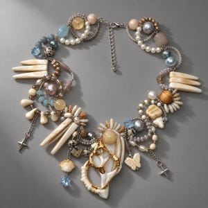 May include: A multi-strand statement necklace featuring an assortment of cream-colored shell fragments, polished stone beads, faux pearls, and blue glass accents. The design includes gold-tone metal charms shaped like stars and a butterfly.