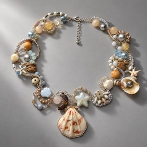 May include: A multi-strand statement necklace featuring a central large scallop shell pendant. The design incorporates various beads in shades of blue, tan, and white, along with small starfish charms, polished stones, and metallic accents.